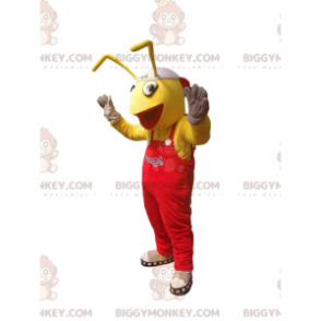 BIGGYMONKEY™ maskotdräkt av gul myra i röd overall. myrdräkt -