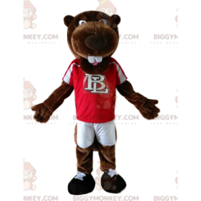 BIGGYMONKEY™ mascot costume of brown beaver with a red jersey.
