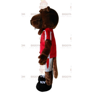 BIGGYMONKEY™ maskotkostume af brun bæver med en rød jersey. -