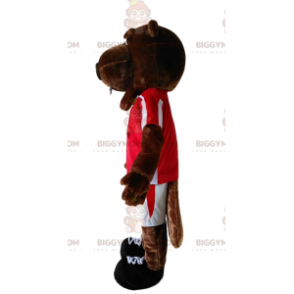 Ruskean majavan BIGGYMONKEY™ maskottiasu punaisella trikoolla.