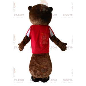 Kostým maskota BIGGYMONKEY™ hnědého bobra s červeným dresem. –