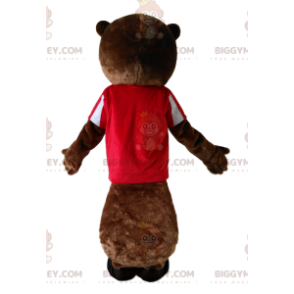 BIGGYMONKEY™ mascot costume of brown beaver with a red jersey.