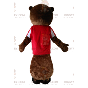 Kostým maskota BIGGYMONKEY™ hnědého bobra s červeným dresem. –