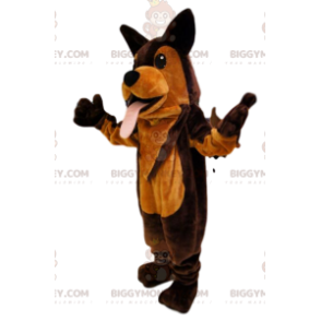 Superhauska ruskea ja oranssi koiran BIGGYMONKEY™ maskottiasu.