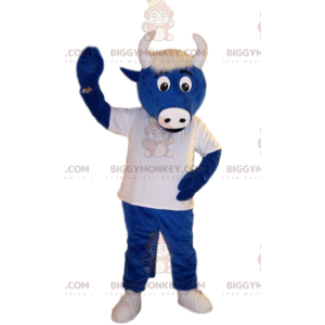 Blue ox BIGGYMONKEY™ mascot costume, with a white jersey. ox