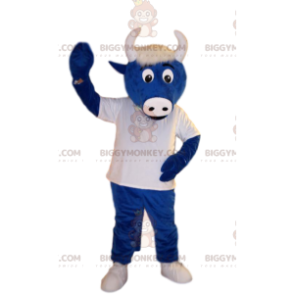 Blauwe os BIGGYMONKEY™ mascotte kostuum, met een witte trui. os