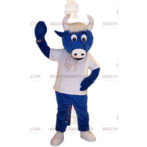 Blue ox BIGGYMONKEY™ mascot costume, with a white jersey. ox