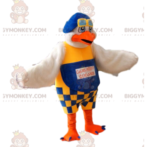 Seagull BIGGYMONKEY™ maskotdräkt med blå och gula overaller. -