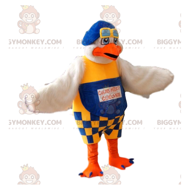 Costume de mascotte BIGGYMONKEY™ de goeland avec une salopette