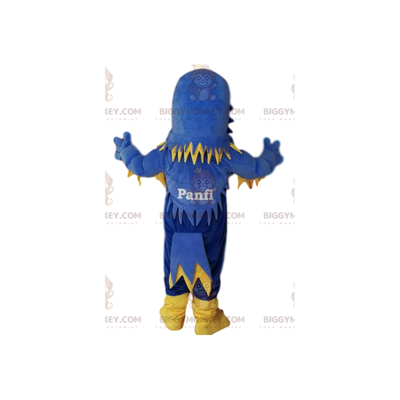 Blå och gul örn BIGGYMONKEY™ maskotdräkt, med krusiduller. örn