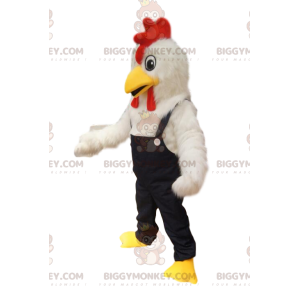 Weißes Huhn BIGGYMONKEY™ Maskottchenkostüm mit Jeansoverall. -