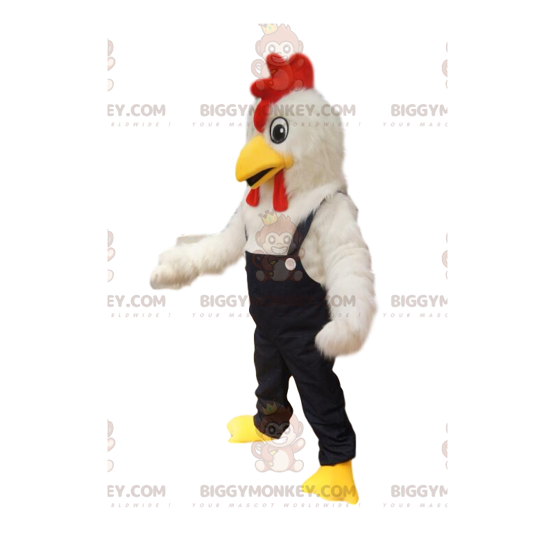 White chicken BIGGYMONKEY™ mascot costume with denim overalls.