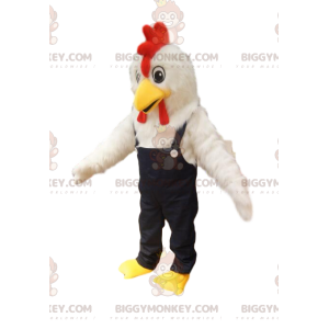 White chicken BIGGYMONKEY™ mascot costume with denim overalls.