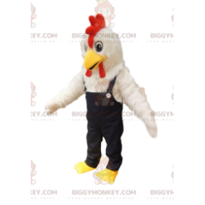 Costume da mascotte BIGGYMONKEY™ pollo bianco con salopette di