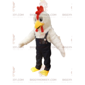 White chicken BIGGYMONKEY™ mascot costume with denim overalls.