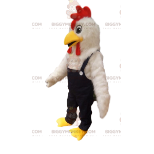 Costume da mascotte BIGGYMONKEY™ pollo bianco con salopette di