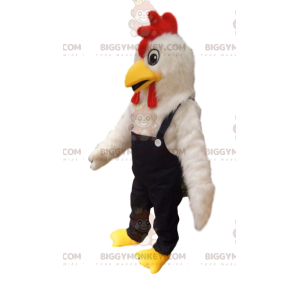 White chicken BIGGYMONKEY™ mascot costume with denim overalls.