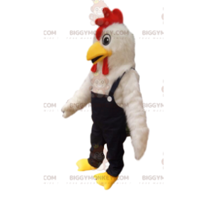 Costume da mascotte BIGGYMONKEY™ pollo bianco con salopette di