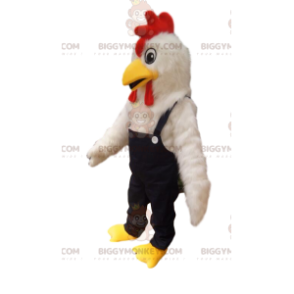 Weißes Huhn BIGGYMONKEY™ Maskottchenkostüm mit Jeansoverall. -