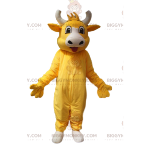 Fantasia de mascote BIGGYMONKEY™ de vaca amarela super alegre.