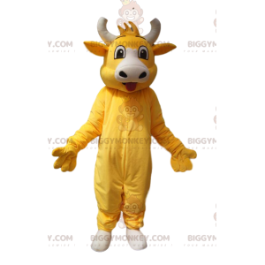 Super fröhliches gelbes Kuh-BIGGYMONKEY™-Maskottchen-Kostüm.