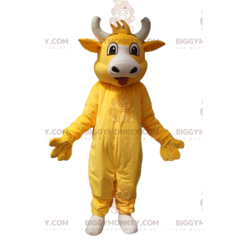 Costume de mascotte BIGGYMONKEY™ de vache jaune super joyeuse.