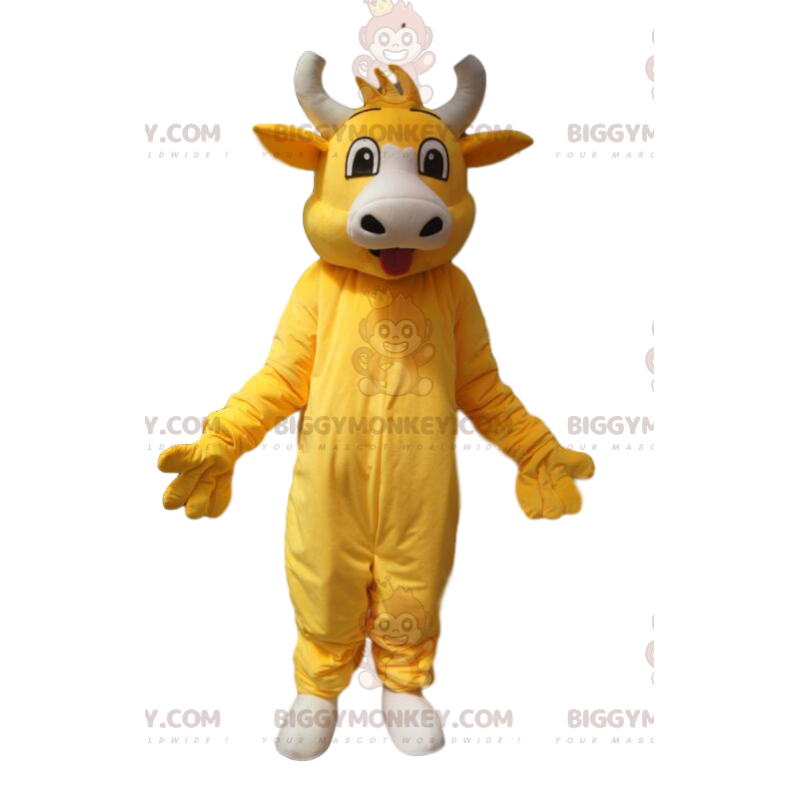 Disfraz de mascota BIGGYMONKEY™ de vaca amarilla súper alegre.