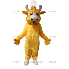 Costume de mascotte BIGGYMONKEY™ de vache jaune super joyeuse.