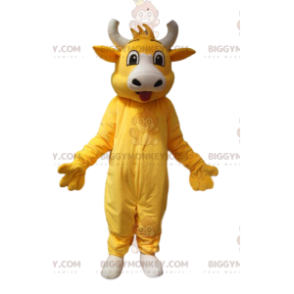 Fantasia de mascote BIGGYMONKEY™ de vaca amarela super alegre.