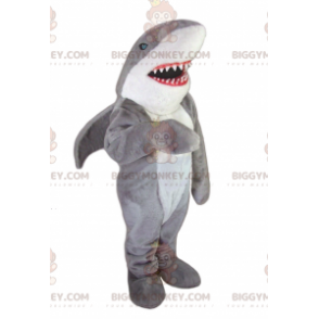 Big Teeth Grey and White Shark BIGGYMONKEY™ Maskottchen Kostüm