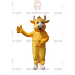 Costume de mascotte BIGGYMONKEY™ de vache jaune super joyeuse.