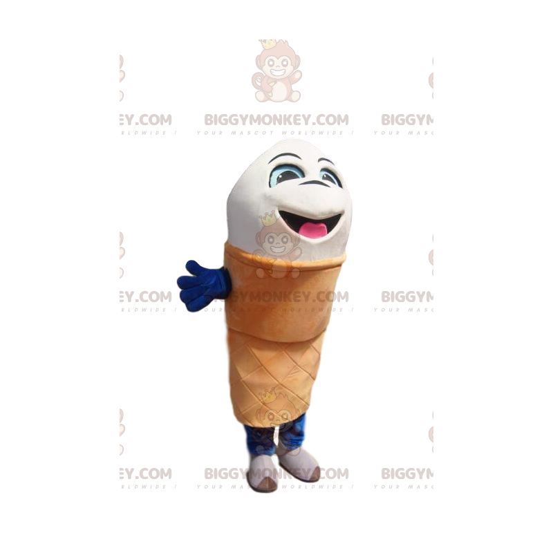 Costume mascotte BIGGYMONKEY™ cono gelato bianco molto allegro.