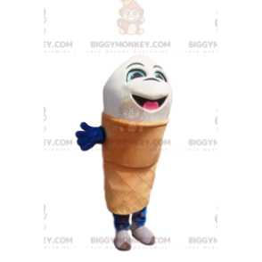 Costume mascotte BIGGYMONKEY™ cono gelato bianco molto allegro.