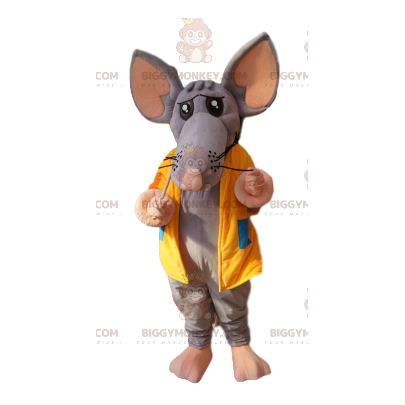 Traje de mascote de rato cinza BIGGYMONKEY™ com jaqueta amarela