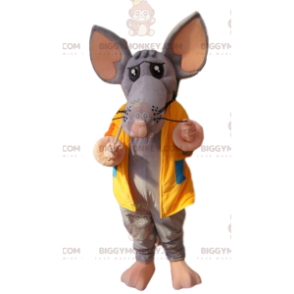 Traje de mascote de rato cinza BIGGYMONKEY™ com jaqueta amarela