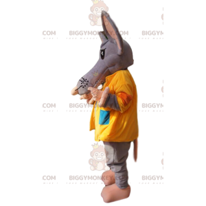 Grijze muis BIGGYMONKEY™ mascottekostuum met gele jas en rugzak