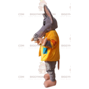 Grijze muis BIGGYMONKEY™ mascottekostuum met gele jas en rugzak