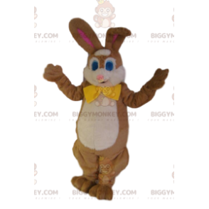 BIGGYMONKEY™ mascot costume of brown bunny with a yellow bow