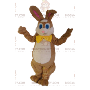 BIGGYMONKEY™ mascot costume of brown bunny with a yellow bow