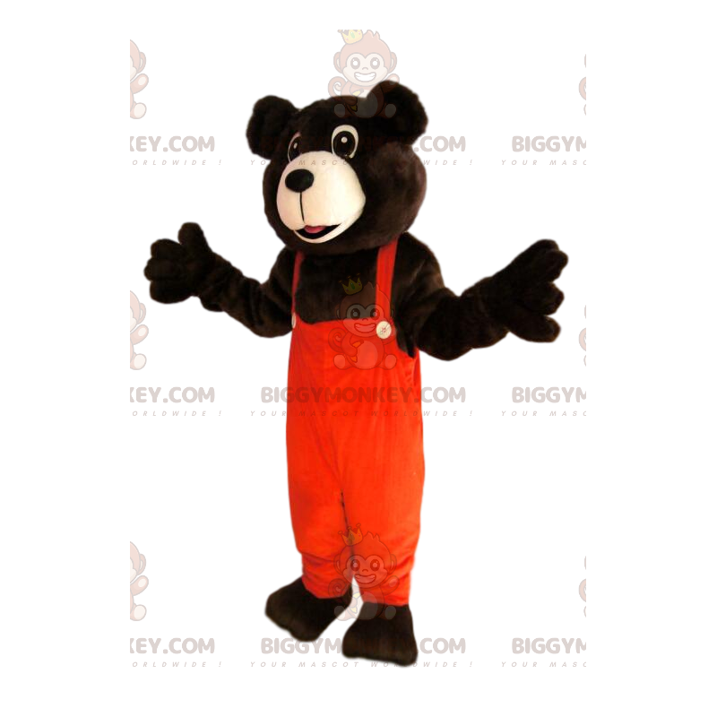 Brun björn BIGGYMONKEY™ maskotdräkt med orange overall -