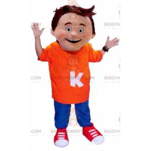 Traje de mascote de menino BIGGYMONKEY™ vestindo roupa laranja