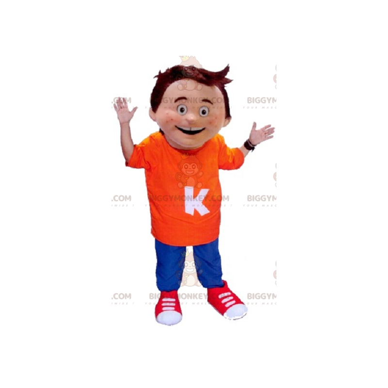 Little boy BIGGYMONKEY™ mascot costume wearing orange and blue