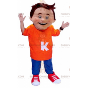 Little boy BIGGYMONKEY™ mascot costume wearing orange and blue