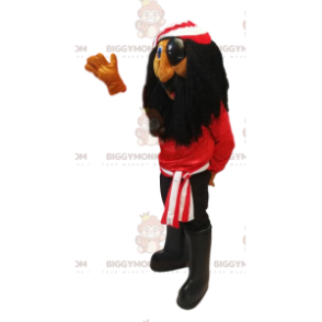 Pirat BIGGYMONKEY™ maskotdräkt med röd t-shirt och långt svart
