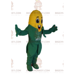 Disfraz de mascota BIGGYMONKEY™ de mazorca de maíz muy feliz.