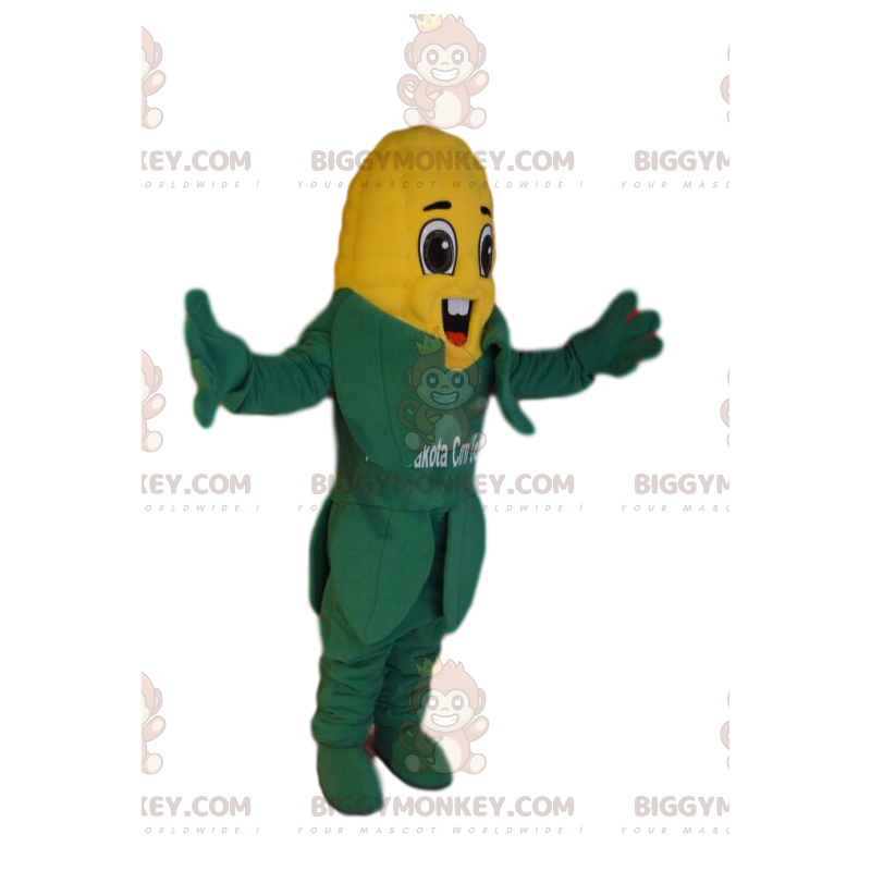 Costume de mascotte BIGGYMONKEY™ d'épi de maïs très heureux.