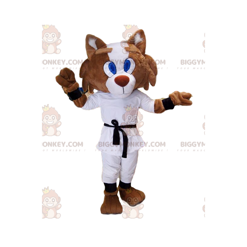 BIGGYMONKEY™ costume mascotte di volpe in tenuta da karate e cintura nera.