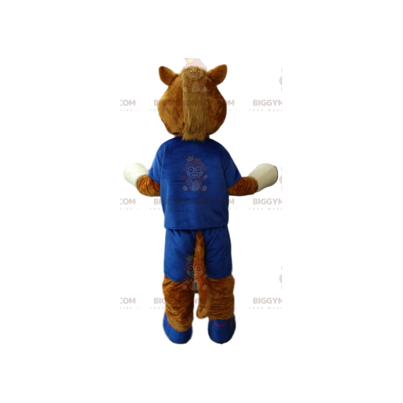 BIGGYMONKEY™ mascot costume of brown horse in blue sportswear.