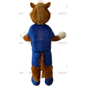 BIGGYMONKEY™ mascottekostuum van bruin paard in blauwe