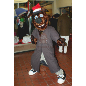 Brun hund BIGGYMONKEY™ maskotdräkt med lång grå päls och mössa
